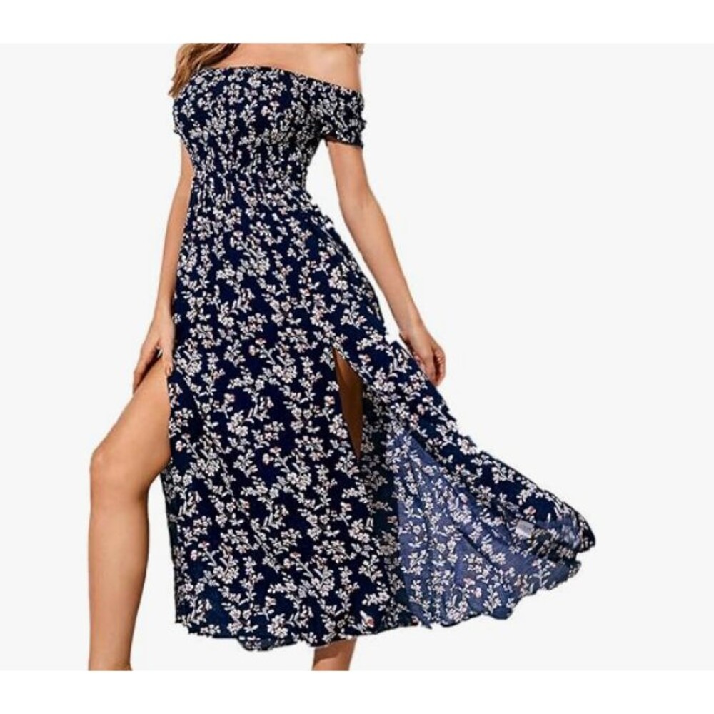 Cottage Core Navy Blue Floral Short Sleeve Smocked Maxi Dress Size XL